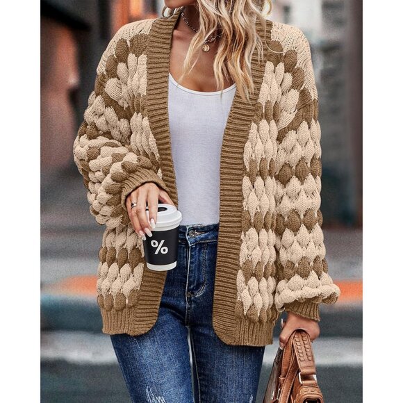 Womens Chunky Knit Cardigan Open Front Lantern Sleeve Color Block Cozy Sweater - Picture 3 of 6